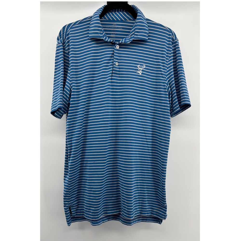 Southern Tide Brrr Performance Polo Shirt Mens Medium Blue White Stripe Deer